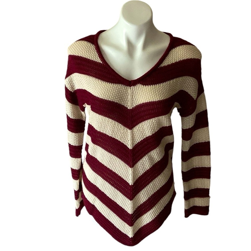 New Directions Red And Beige Striped Knit Casual Fall Sweater One Size